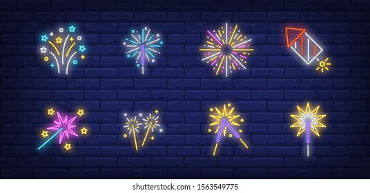 Festive firework neon sign set. Cracker, petard, explosion, sparkler. Vector illustration in neon style, bright banner for topics like New Year party, holiday, fun