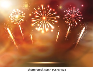 Festive Firework on the gold Background. Celebration Greeting Card. Vector.