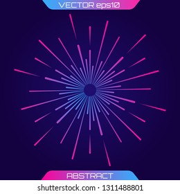 Festive firework. Purple background. Light rays of burst. Rays radiating from a central object or source of light. Gradient shapes composition  indicator with gradient from blue to pink. Vector