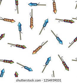 Festive firework, pyrotechnics and firecracker on white pattern background. Seamless pattern colorful firework and firecracker for holiday party
