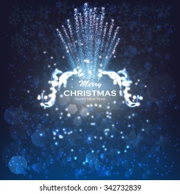 Festive firework rockets bursting in big sparkling star balls poster with dark background abstract vector illustration