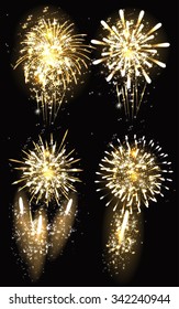 Festive Firework Salute Burst on Black Background. Collection of Colorful vector fireworks, sparklers, salute and petards explosions - design elements. Festival and event, celebrate and party. 