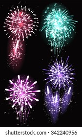 Festive Firework Salute Burst on Black Background. Collection of Colorful vector fireworks, sparklers, salute and petards explosions - design elements. Festival and event, celebrate and party. 