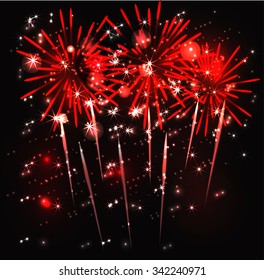 Festive Firework Salute Burst on Black Background. Collection of Colorful vector fireworks, sparklers, salute and petards explosions - design elements. Festival and event, celebrate and party. 