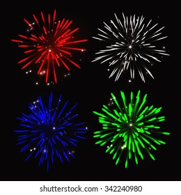Festive Firework Salute Burst on Black Background. Collection of Colorful vector fireworks, sparklers, salute and petards explosions - design elements. Festival and event, celebrate and party. 