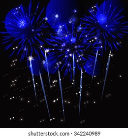 Festive Firework Salute Burst on Black Background. Collection of Colorful vector fireworks, sparklers, salute and petards explosions - design elements. Festival and event, celebrate and party. 
