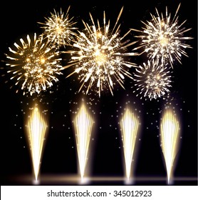 Festive Firework Salute Burst on Black Background. Collection of Colorful vector fireworks, sparklers, salute and petards explosions - design elements. Festival and event, celebrate and party.