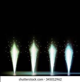 Festive Firework Salute Burst on Black Background. Collection of Colorful vector fireworks, sparklers, salute and petards explosions - design elements. Festival and event, celebrate and party.