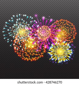Festive Firework Salute Burst on Transparent Background vector illustration, fun yellow explode illuminated fireworks isolated set on black celebration colorful explosion