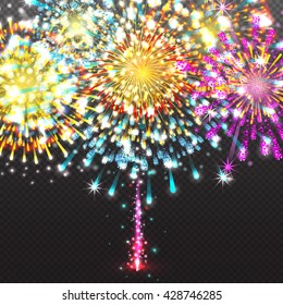 Festive Firework Salute Burst on Transparent Background vector illustration, fun yellow explode illuminated fireworks isolated set on black celebration colorful explosion