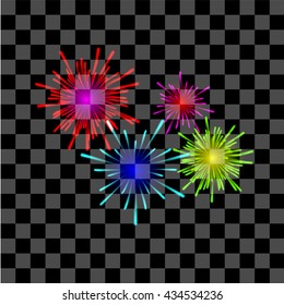Festive firework in various shapes sparkling pictograms set against black background abstract vector isolated illustration.