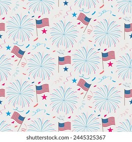 Fuegos artificiales festivos con banderas americanas y confeti patrón sin fisuras. Para fondos del cuarto de julio, Fondo de pantalla y papel de embalaje 