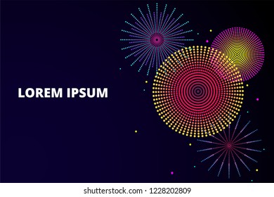 Festive fireworks background Vector illustration in flat style Multicolored fireworks flashes on dark gradient background Template for banners and posters with copy space