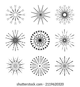 Festive fireworks black lines collection. Vector set of explosion rays design elements. Abstract burst contour firecracker pattern