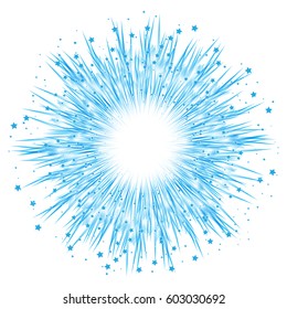 Festive fireworks of blue gradient rays and stars. Effect power explosion illustration. Holiday design element. Vector