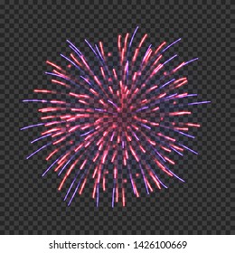 Festive fireworks with blue and res sparkles. Realistic single firework bright flash isolated on transparent background. Holiday celebration colorful vector element for greeting cards decoration