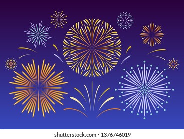 Festive fireworks. Bright flash on a dark background.  Vector anniversary banner with firecracker. Poster with cartoon flat illustration of  celebration background, winner, victory.