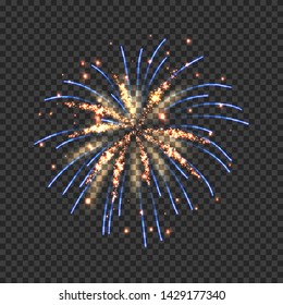 Festive fireworks with bright golden and blue sparks. Colorful pyrotechnics show element. Realistic single firework flash isolated on transparent background. Fantastic light performance in night sky.