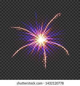 Festive fireworks with bright golden, pink and blue sparks. Colorful pyrotechnics show element. Realistic single firework flash on transparent background. Fantastic light performance in night sky.