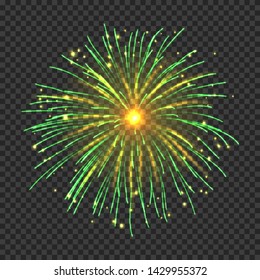 Festive fireworks with bright green and golden sparks. Realistic single firework flash on transparent background. Colorful vector element for posters decoration. Fantastic light performance in sky.