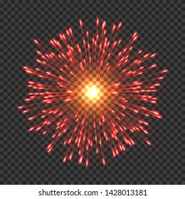Festive fireworks with bright red sparks. Realistic single firework flash isolated on transparent background. Colorful vector element for posters decoration. Fantastic light performance in sky.