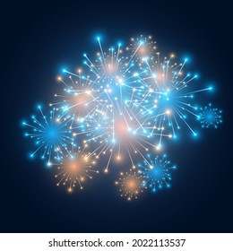 Festive fireworks with brightly shining sparks. Colorful firecrackers and celebration lights in night sky. Happy new year sparkle. Realistic fireworks celebration. vector background.