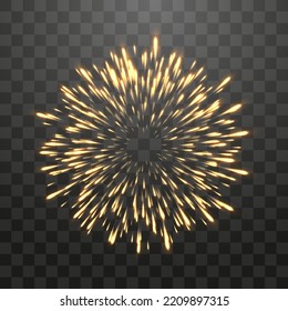 Festive fireworks with brightly shining sparks. New Year's Eve fireworks. Realistic sparks and explosions. Colorful pyrotechnics show. Vector isolated on png background.