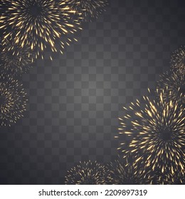 Festive fireworks with brightly shining sparks. New Year's Eve fireworks. Realistic sparks and explosions. Colorful pyrotechnics show. Vector isolated on png background.