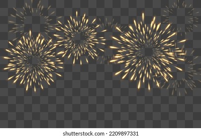 Festive fireworks with brightly shining sparks. New Year's Eve fireworks. Realistic sparks and explosions. Colorful pyrotechnics show. Vector isolated on png background.