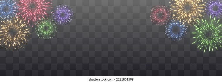 Festive fireworks with brightly shining sparks. New Year's Eve fireworks. Realistic sparks and explosions. Colorful pyrotechnics show. Vector isolated on png background.