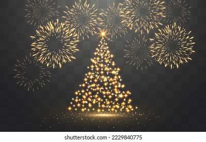 Festive fireworks with brightly shining sparks. Shiny Christmas tree. New Year's Eve fireworks. Realistic sparks and explosions. Vector isolated on png background.