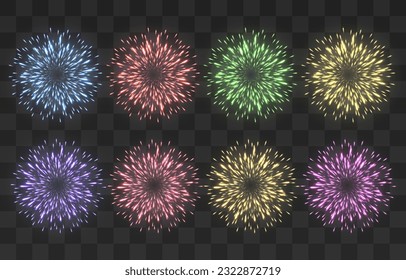 Festive fireworks with brightly shining sparks. New Year's Eve fireworks. Realistic sparks and explosions. Colorful pyrotechnics show. Vector isolated on png background.