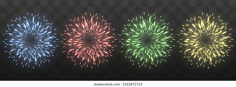 Festive fireworks with brightly shining sparks. New Year's Eve fireworks. Realistic sparks and explosions. Colorful pyrotechnics show. Vector isolated on png background.