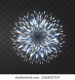 Festive fireworks with brightly shining sparks. New Year's Eve fireworks. Realistic sparks and explosions. Colorful pyrotechnics show. Vector isolated on png background.