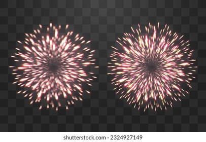 Festive fireworks with brightly shining sparks. New Year's Eve fireworks. Realistic sparks and explosions. Colorful pyrotechnics show. Vector isolated on png background.