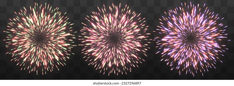 Festive fireworks with brightly shining sparks. New Year's Eve fireworks. Realistic sparks and explosions. Colorful pyrotechnics show. Vector isolated on png background.