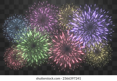 Festive fireworks with brightly shining sparks. New Year's Eve fireworks. Realistic sparks and explosions. Colorful pyrotechnics show. Vector isolated on png background.