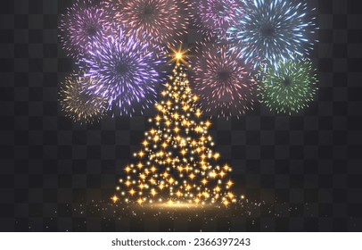 Festive fireworks with brightly shining sparks. New Year's Eve fireworks. Realistic sparks and explosions. Colorful pyrotechnics show. Vector isolated on png background.