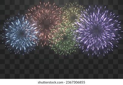 Festive fireworks with brightly shining sparks. New Year's Eve fireworks. Realistic sparks and explosions. Colorful pyrotechnics show. Vector isolated on png background.