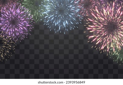 Festive fireworks with brightly shining sparks. New Year's Eve fireworks. Realistic sparks and explosions. Colorful pyrotechnics show. Vector isolated on png background.