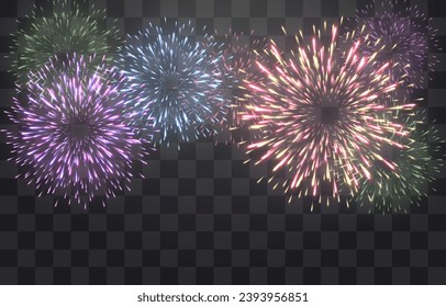 Festive fireworks with brightly shining sparks. New Year's Eve fireworks. Realistic sparks and explosions. Colorful pyrotechnics show. Vector isolated on png background.