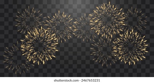 Festive fireworks with brightly shining sparks. New Year's Eve fireworks. Realistic sparks and explosions. Colorful pyrotechnics show. Vector isolated on png background.