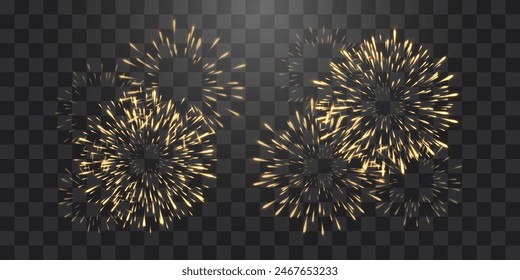 Festive fireworks with brightly shining sparks. New Year's Eve fireworks. Realistic sparks and explosions. Colorful pyrotechnics show. Vector isolated on png background.