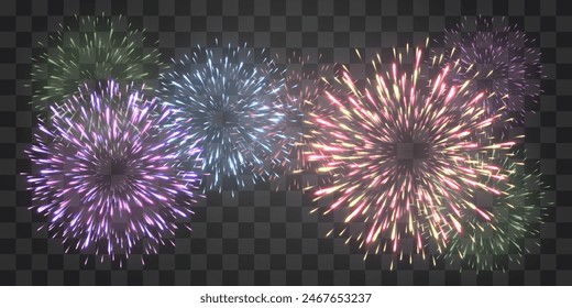 Festive fireworks with brightly shining sparks. New Year's Eve fireworks. Realistic sparks and explosions. Colorful pyrotechnics show. Vector isolated on png background.