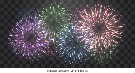 Festive fireworks with brightly shining sparks. New Year's Eve fireworks. Realistic sparks and explosions. Colorful pyrotechnics show. Vector isolated on png background.