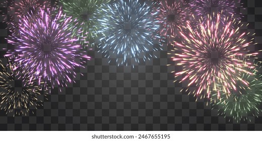 Festive fireworks with brightly shining sparks. New Year's Eve fireworks. Realistic sparks and explosions. Colorful pyrotechnics show. Vector isolated on png background.