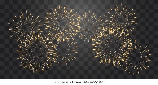 Festive fireworks with brightly shining sparks. New Year's Eve fireworks. Realistic sparks and explosions. Colorful pyrotechnics show. Vector isolated on png background.