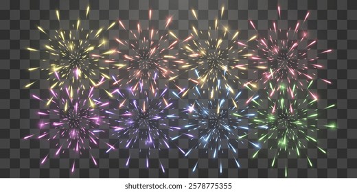 Festive fireworks with brightly shining sparks. Holiday fireworks. Realistic sparks and explosions. Colorful pyrotechnics show. Vector isolated on png background