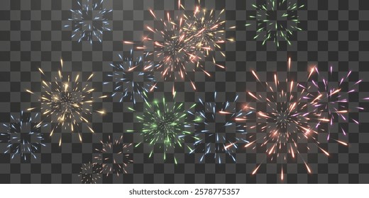 Festive fireworks with brightly shining sparks. Holiday fireworks. Realistic sparks and explosions. Colorful pyrotechnics show. Vector isolated on png background