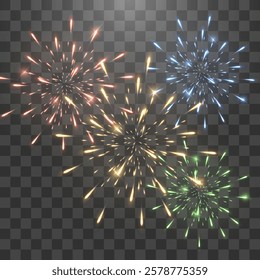 Festive fireworks with brightly shining sparks. Holiday fireworks. Realistic sparks and explosions. Colorful pyrotechnics show. Vector isolated on png background